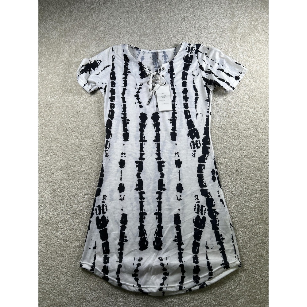 True Rock Shirt Womens 2XL White Black Tie Dye Lace Up Short Sleeve Dress Top